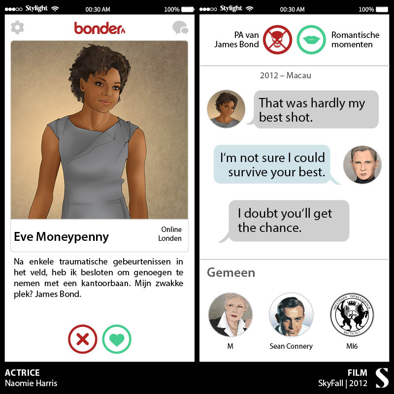 Tinder profiel Bondgirl Eve Moneypenny en chat met 007 Stylight