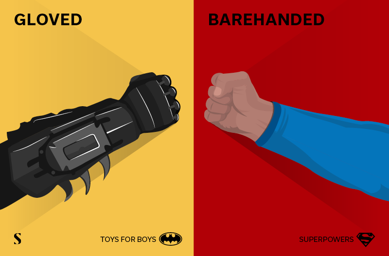 Handschoen Batman versus blote vuist Superman Stylight