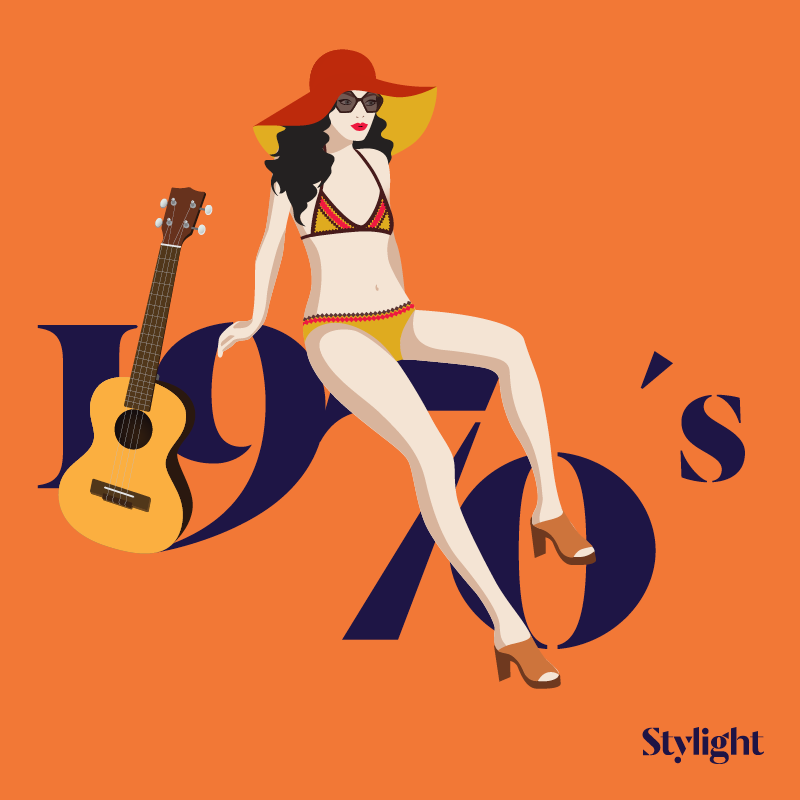 De bikini is jarig jaren 70 model in oranje bikini flaphoed en gitaar Stylight