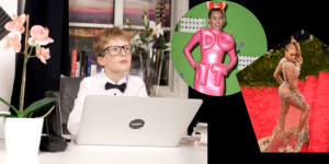 Stylight modekenner Jack achter laptop met Miley in roze jurk en Beyonce op rode loper