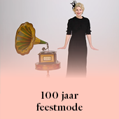 100 jaar feestmode model in zwarte jurk met grammafoon Stylight