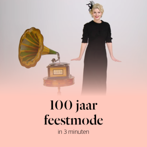 Stylight 100 jaar feestmode model in zwarte jurk met grammafoon