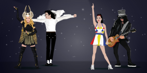 Stylight Super Bowl Madonna Michael Jackson Katy Perry en Slash paarse achtergrond met sterren