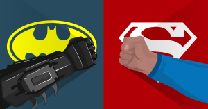 Batman handschoen en logo versus vuist en logo Superman Stylight
