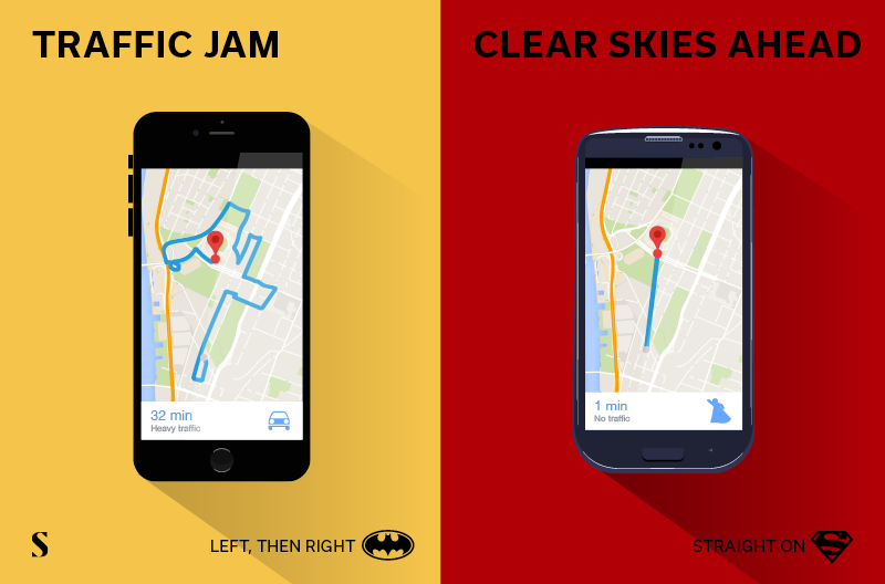 Twee iphones met Google maps route Batman versus Superman Stylight