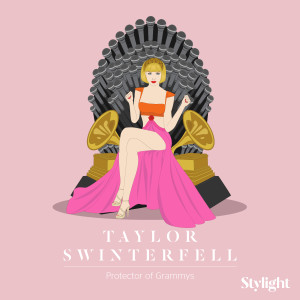 Stylight Game of Style Taylor Swift op troon van microfoons en grammafoons
