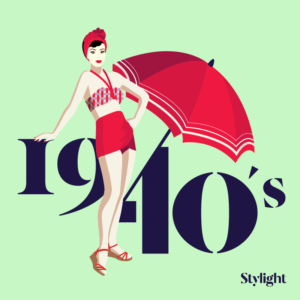 De bikini is jarig jaren 40 model in rode bikini met parasol Stylight