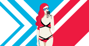 De bikini is jarig model in rode bikini met zonnebril en smartphone Stylight