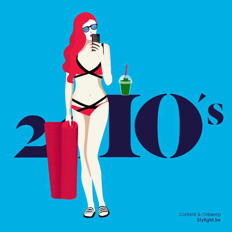 De bikini is jarig model uit 2010 in rode bikini met yogamat smartphone en groen sapje Stylight